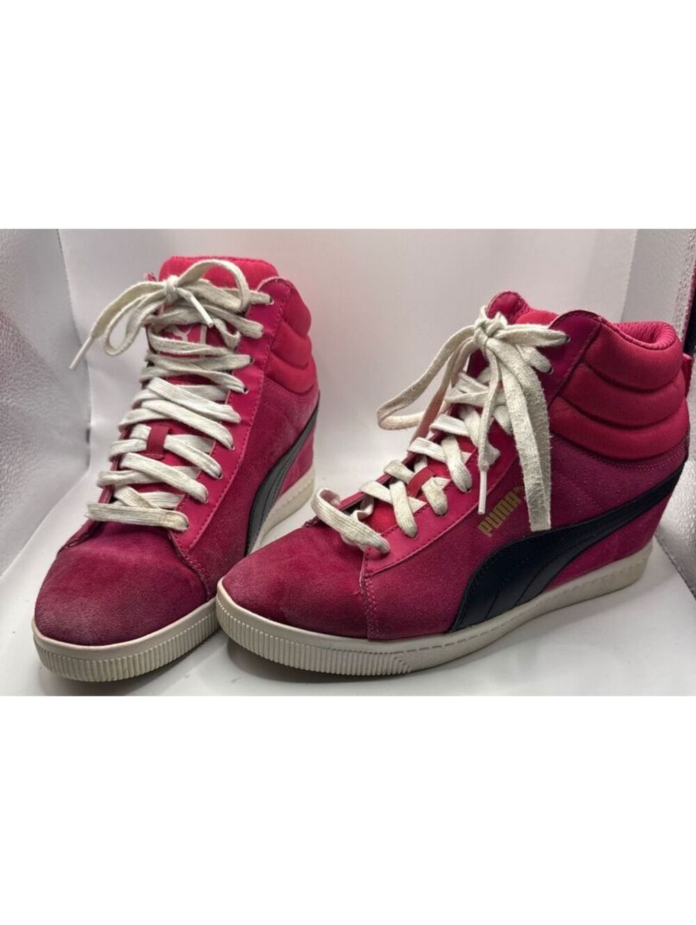 Y2K Puma sport lifestyle high-top wedge sneakers Pink suede size 9 EUR 40